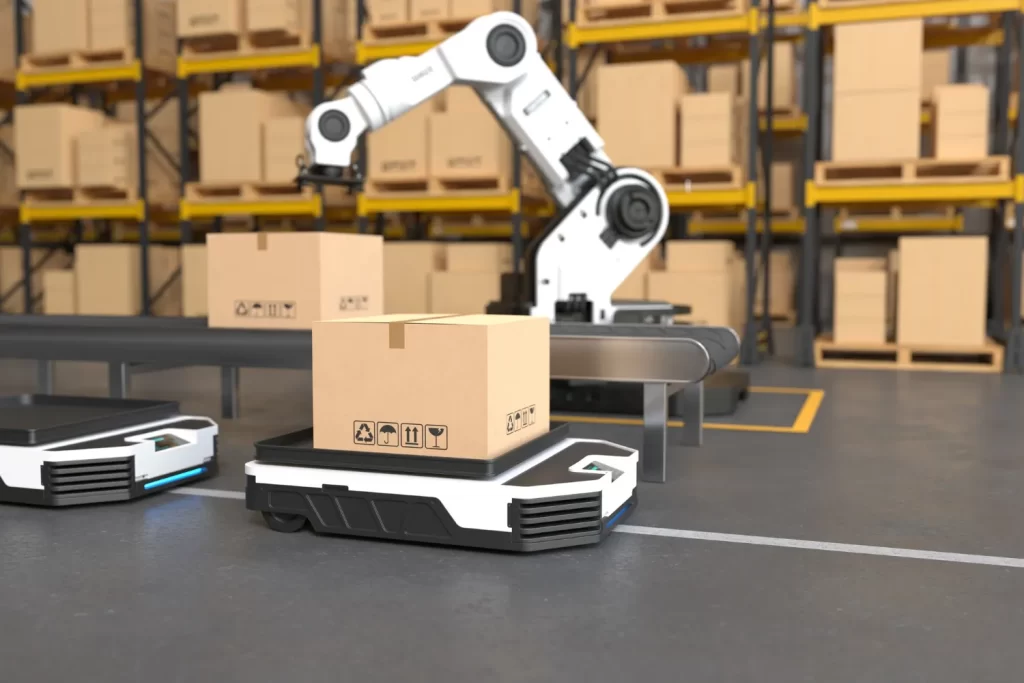 Autonomous mobile robots and a robotic arm moving cardboard boxes in a modern automated warehouse.