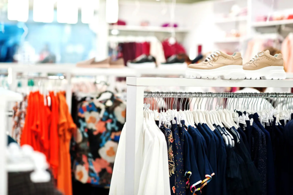 A stylish clothing boutique interior featuring racks of organized apparel and a pair of platform sneakers on a white display shelf.