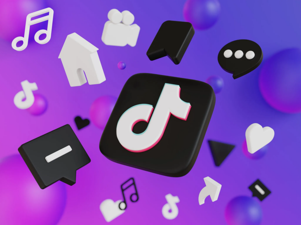 A 3D illustration of the TikTok logo surrounded by floating social media and app icons on a purple gradient background.