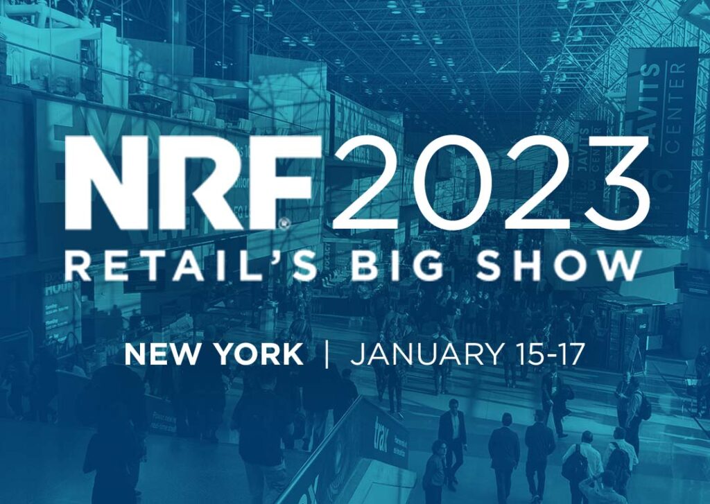 Promotional banner for NRF 2023 Retail's Big Show in New York, held January 15 to 17, with a blue-toned background of a busy convention hall.